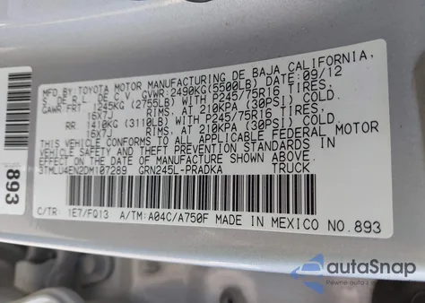 2013 Toyota Tacoma Base V6 from USA, damaged, VIN 3TMLU4EN2DM107289